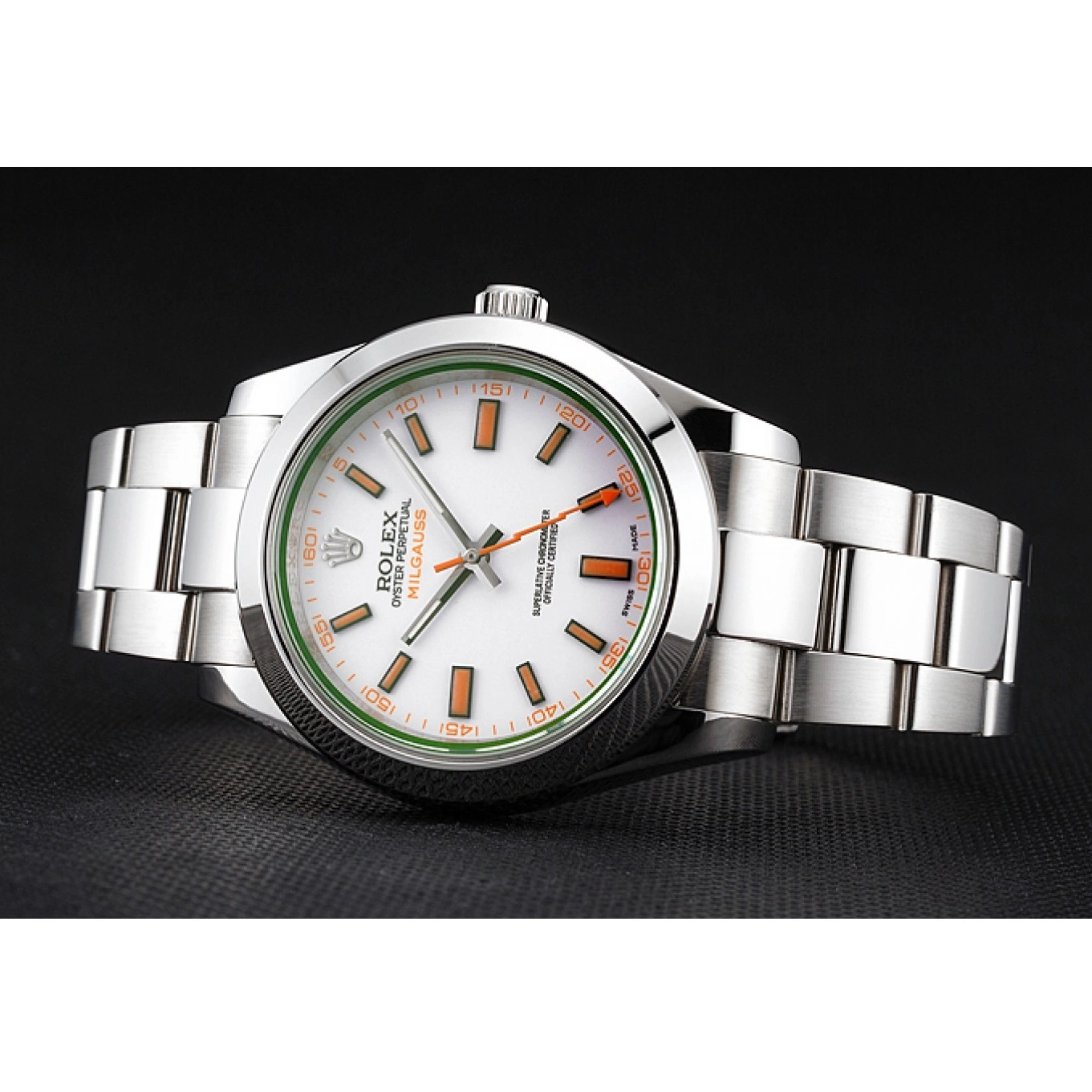 Aaa replica watch And Rolex White Stainless Bracelet Steel Markings Orange Case Dial Swiss Milgauss 0731